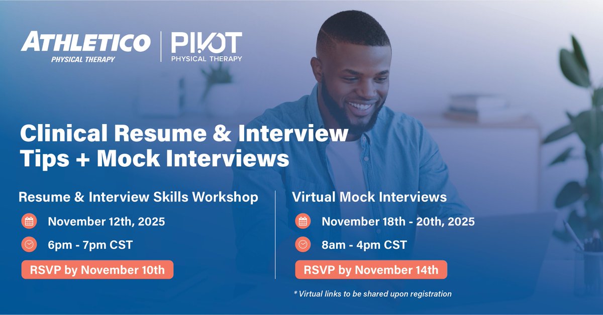 toddPT95's tweet photo. Athletico is hosting a Virtual Resume and Interview Skills Workshop this November, followed by one-on-one mock interviews. Great way to sharpen your skills, build confidence, and get professional feedback. Sign up today:

https://t.co/BwcbzTYB8C

https://t.co/9InXIcNVOa https://t.co/Ijsvy6hwKE