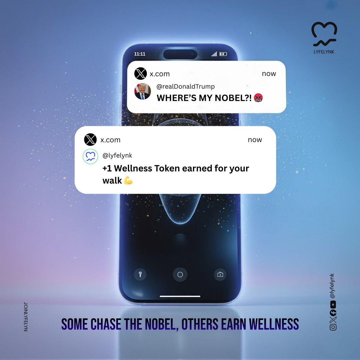 Donald Trump’s still tweeting “Where’s my Nobel?” after the 2025 snub, but real prizes are up for grabs right here on Lyfelynk no committee needed!

Spin a 10-minute walk into Wellness Avatar tokens, lock your data behind blockchain encryption, and collect streak badges faster