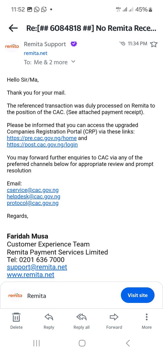uruegi's tweet photo. Dear @cacnigeria1
I paid the filing fee for BITESY &amp; SIPSY FOODS LIMITED via your platform on 23/9/25. I was debited. However, till date, the application is not being processed, and I remark I get is "No payment information found". https://t.co/DepPwP1ZPo
