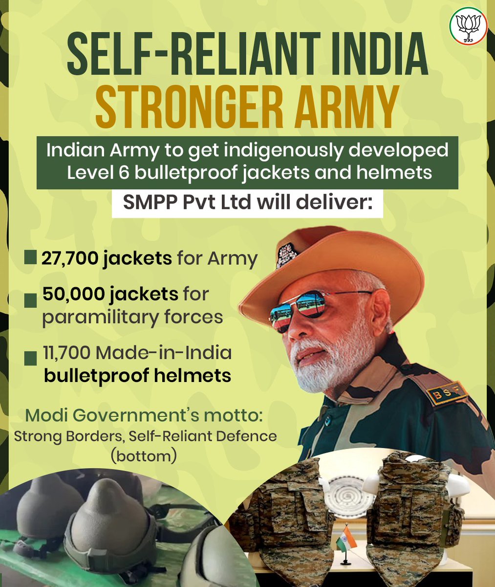 BJPMinMorcha's tweet image. Protecting those who protect us! Made-in-India bulletproof jackets & helmets strengthen our Army & paramilitary.
Modi Govt ensures strong borders and a self-reliant defence.
#MakeInIndia