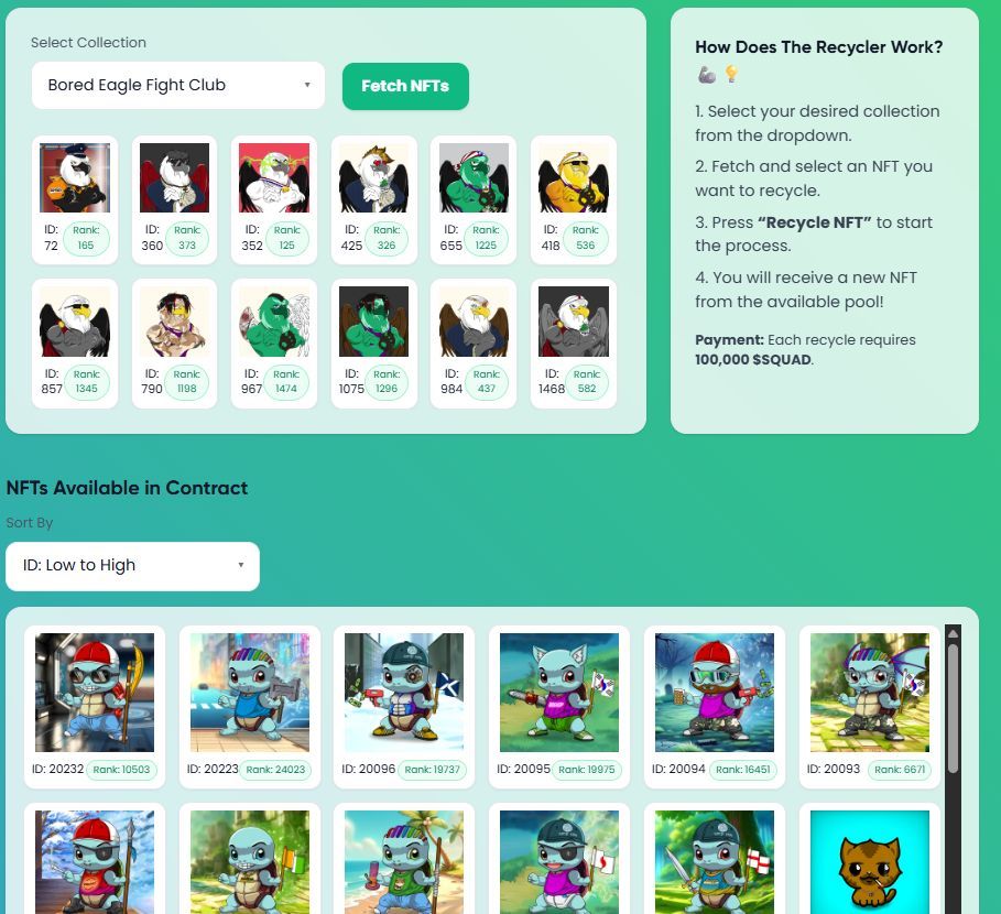 TurtleLabsV's tweet image. Did you know we Recently Polished the NFT Recycler on @TurtleLabsV?
@SquadVeChain might have Filled it up with Squadonians (V2)
Every Recycle only costs 100 K SQUAD!