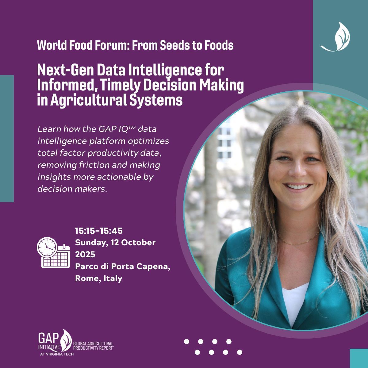 Jess Agnew, Assoc. Dir., <a href="/VTCALSGlobal/">Virginia Tech CALS Global</a>, <a href="/Ag_Productivity/">Global Agricultural Productivity (GAP) Initiative</a>  will demonstrate #GAPIQ at "Next-Gen Data Intelligence for Informed, Timely Decision Making in Agricultural Systems," Sunday, 15:15  #Seeds2Foods, Parco di Porta Capena, #Rome

Join us!
