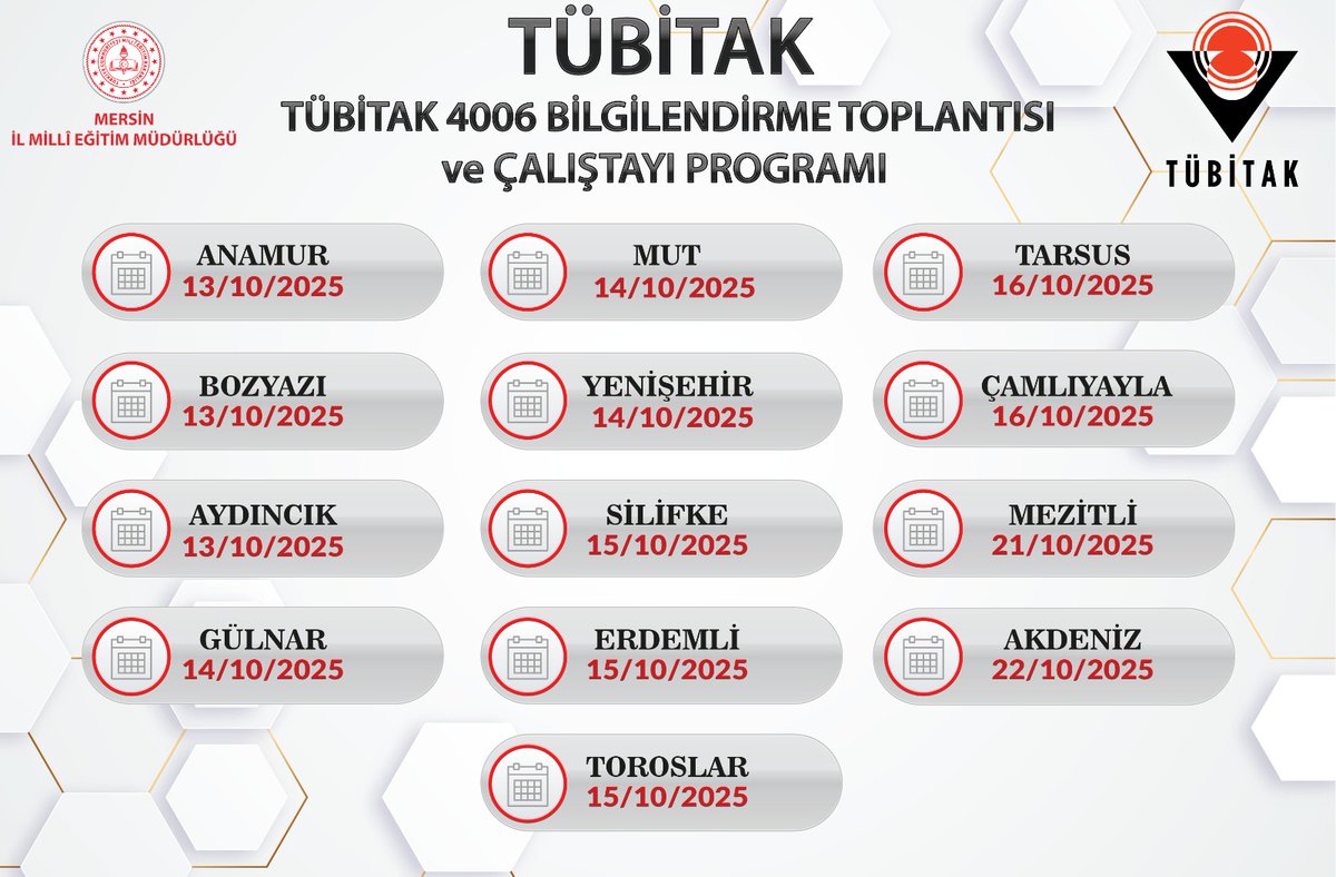 🚀 Mersin’de bilim rüzgarı esiyor!
TÜBİTAK 4006 Bilgilendirme Çalıştayları 13-22 Ekim 2025 tarihleri arasında tüm ilçelerde!
🚀 Birlikte daha güçlü, daha yenilikçi projelere!

<a href="/tcmeb/">Millî Eğitim Bakanlığı</a>
<a href="/valiatillatoros/">Atilla Toros</a>
<a href="/fazilet_durmus/">Fazilet Öğretmen 🇹🇷</a>
#TÜBİTAK
#stratejigeliştirmebaşkanlığı