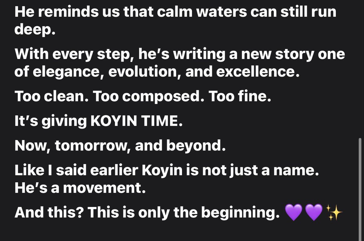 <a href="/sek94885/">Semia</a> asked me to do a write-up  4 <a href="/koyin_official/">KOYIN SANUSI 💜</a> here it is
Koyin,you’ve captured hearts effortlessly with ur charm, grace,&amp; authenticity.Every step u take radiates confidence n calm power. Keep shining,keep inspiring,n keep being d💡that u are.The 🌍is better with u in it
