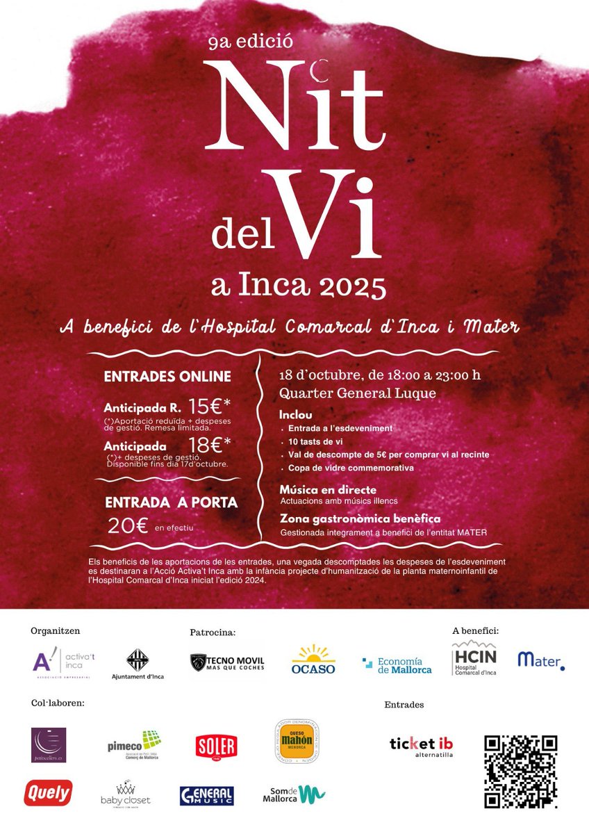 Arriba la 9a edició de la Nit del Vi! ❤️
📅 18 d’octubre, de 18 a 23 h
📍 Quarter General Luque
✨ 10 tastos de vi, música en directe i zona gastronòmica benèfica.
A benefici de l’Hospital Comarcal d’Inca i Mater. 💕
<a href="/incaciutat/">Ajuntament d’Inca</a> <a href="/dijousbo/">Fires Inca 2025</a> 🍷
#FiresInca2025 #NitdelVi #Inca