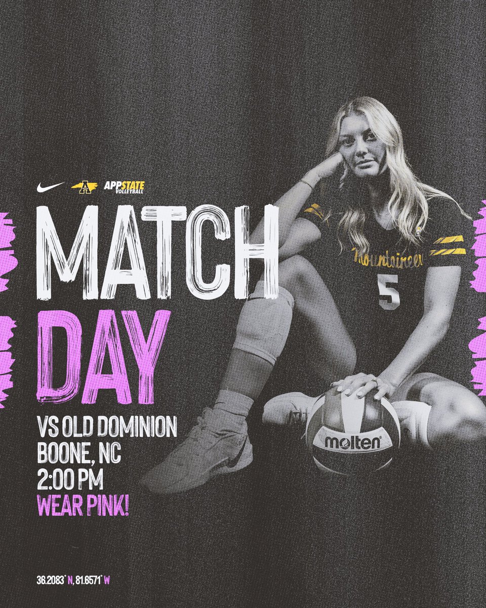 AppStateVB's tweet image. ▪️🟡 𝙈𝘼𝙏𝘾𝙃 𝘿𝘼𝙔 🟡▪️
🆚 Old Dominion
📍Boone, N.C.
🏟 Holmes Center
⌚️2 p.m.
📊Live Stats: goapp.st/47ejjhL
📺ESPN+: goapp.st/4nNiCSK
🎟️: goapp.st/2025_Volleybal…
🎀 Pink Day
🎀Wear Pink
#OverTheTop