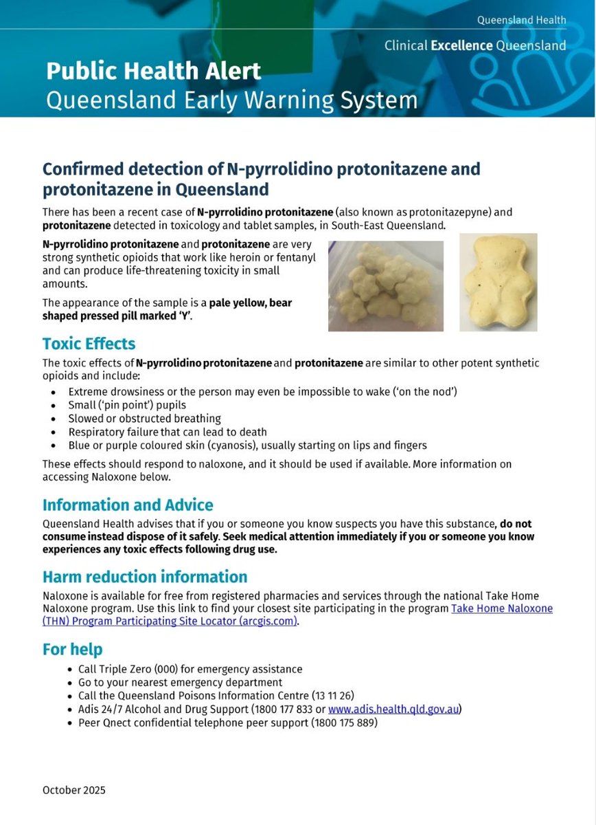 Fallecimiento en Australia asociado a unos comprimidos que contenían dos nitazenos. Importante tener en cuenta que Queensland rechazó la posibilidad de contar con servicios de análisis de sustancias.