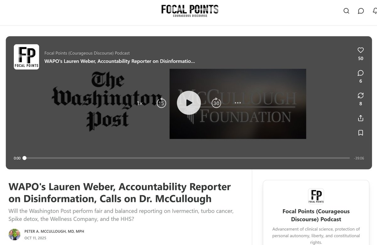 P_McCulloughMD's tweet image. WAPO's Lauren Weber, Accountability Reporter on Disinformation, Calls on Dr. McCullough

Will the Washington Post perform fair and balanced reporting on Ivermectin, turbo cancer, Spike detox, the Wellness Company, and the HHS? @LaurenWeberHP @murraymatt @washingtonpost…