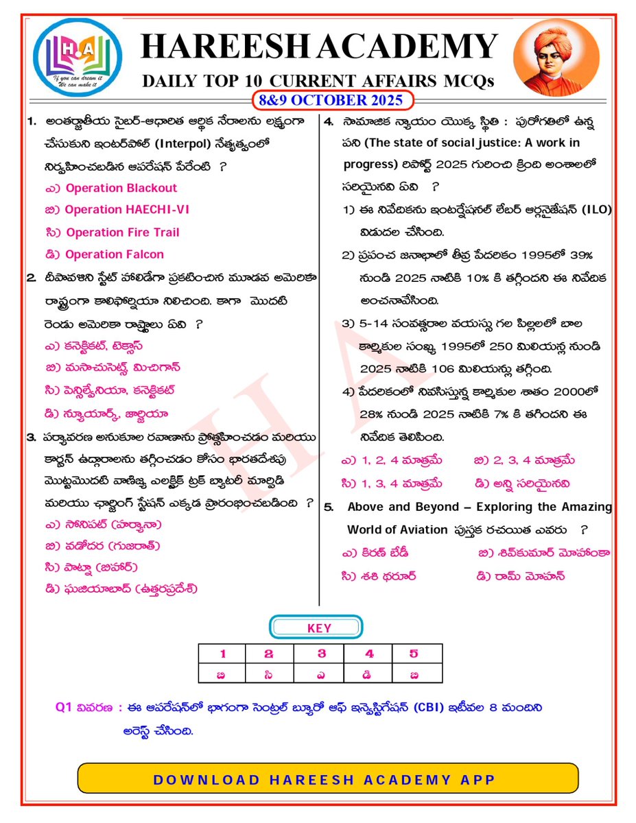 NANDAMSIR's tweet image. 08.10.2025 &amp;amp; 09.10.2025 MCQs | Multiple Choice Questions | Daily current affairs | Education | Telugu | HareeshAcademy
Follow 🚶‍🚶‍ the page for daily updates
#multiplechoice #questionandanswer #questions #Governmentjobs #hareeshacademy #GeneralKnowledge #onlinecoaching