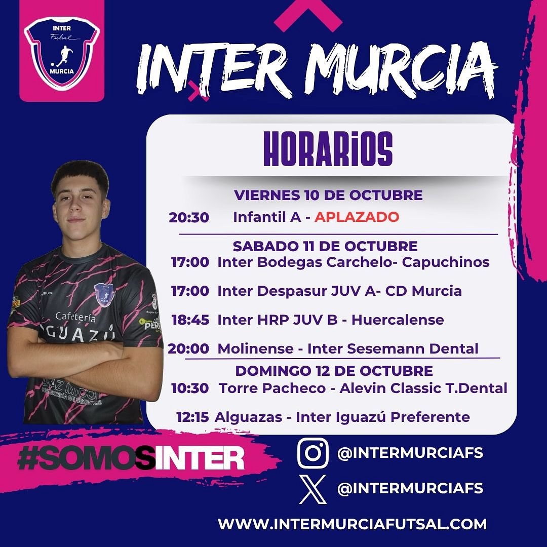 ¡HORARIOS ESTE FIN DE SEMANA! 

🔝El Juvenil buscará el 9/9 contra el CD Murcia esta tarde 

💪El Juvenil B  tendrá otra nueva oportunidad para sumar la victoria 

🆕Debutará el Cadete Autonómica en Beniaján 

🤼 El Senior jugará un partido muy disputado en Alguazas

#SomosInter