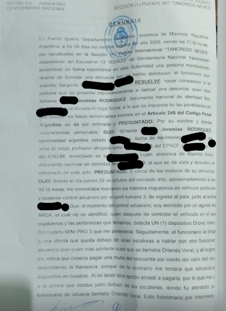 JereRodriguezOK's tweet image. DENUNCIA PENAL A AGENTES DE ADUANA PUERTO IGUAZÚ 🚨
Les dejo la denuncia penal que realicé en puerto Iguazú.
La realicé ante Gendarmería Nacional (quienes actuaron con total profesionalismo👏👏)
Interviene el Fiscal Federal.
💲Muchachos es la Aduana (ARCA)!!, No emiten…