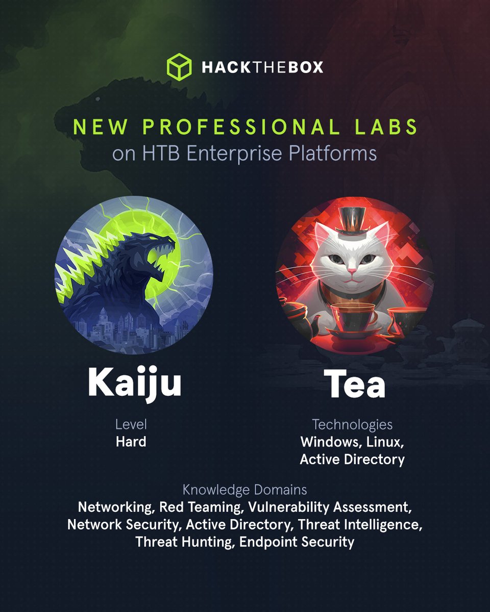 hackthebox_eu's tweet image. Okay, we&apos;ll spill it 🍵
There are TWO new Professional Labs scenarios on #HTB Enterprise Platform! Jump into these #ActiveDirectory scenarios and perform red teaming engagements on the internal networks of two different companies. Sharpen your team&apos;s #pentesting skills now:…