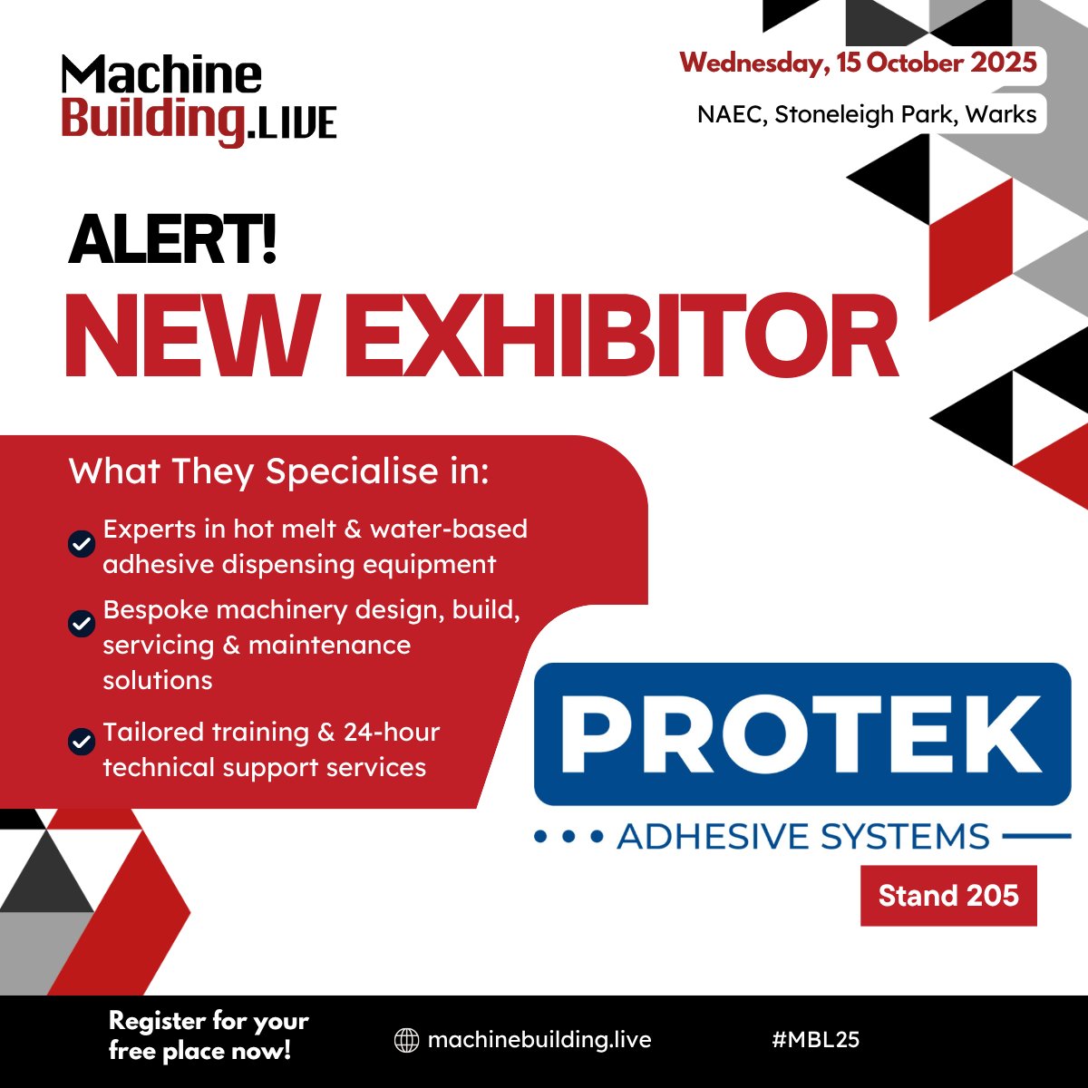 MachBuild's tweet image. We are delighted to welcome Protek Adhesive Systems to MachineBuildingLive, taking place at the NAEC, Stoneleigh Park on 15 October 2025. Find out more here: bit.ly/3GHdsY7  Free to attend: bit.ly/4kQ9WbU  
#MBL25 #engineering #ukmanufacturing