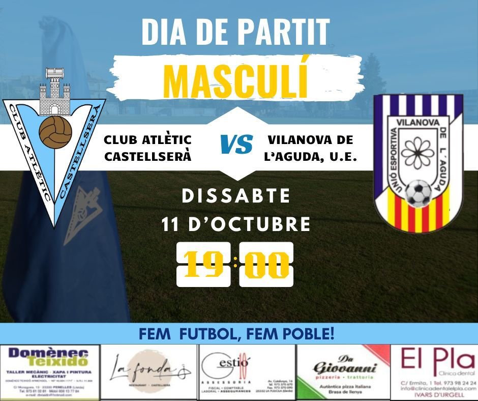 Club Atlètic Castellserà (@catcastellsera) on Twitter photo Aquesta tarda a les 19h l'equip masculí disputa un nou partit de lliga a casa.
Rebem al <a href="/UEVvaAguda/">UE Vilanova l'Aguda</a> per intentar seguir amb la bona arrencada que portem.
Us esperem al camp per donar-nos suport!
#3cat15 Aquesta tarda a les 19h l'equip masculí disputa un nou partit de lliga a casa.
Rebem al <a href="/UEVvaAguda/">UE Vilanova l'Aguda</a> per intentar seguir amb la bona arrencada que portem.
Us esperem al camp per donar-nos suport!
#3cat15