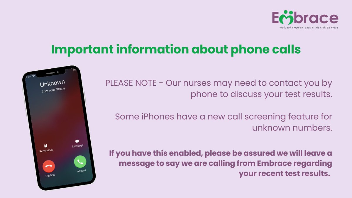 Apple's new iPhone feature in iOS 26 shows calls from unknown numbers as 'screened'. If enabled, please be assured we will leave a message to say we are calling from Embrace regarding your recent test results.