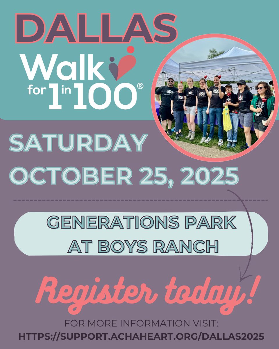 ACHA_Heart's tweet image. In 2 weeks, Dallas comes together for the #CHD community 🤠 Be part of it! Visit support.achaheart.org/Dallas2025 to learn more and register for the Walk for #1in100.  #Walk4CHD #CHDAwareness