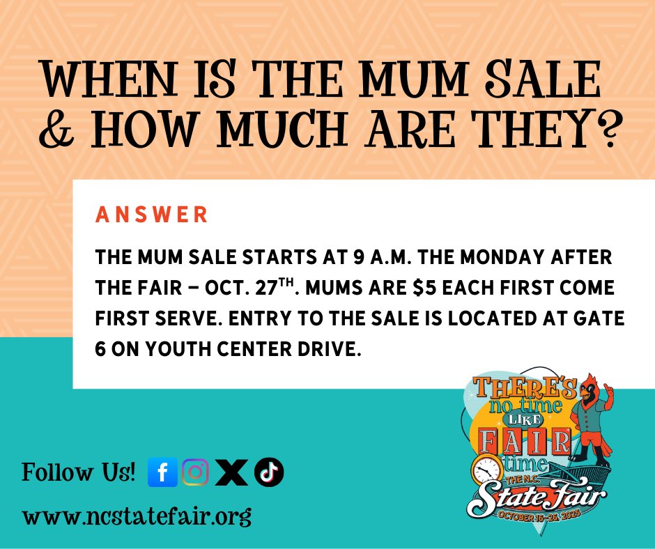 NCStateFair's tweet image. The Mum Sale will take place the Monday after the fair, which is Oct. 27th! 

All mums in the Flower and Garden Show are first come-first serve for $5 each. #FAQ #NoTimeLikeFairTime #NCStateFair