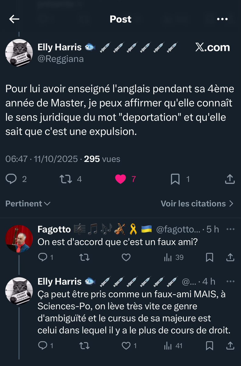 BonnemainsJean's tweet image. Mme Tondelier, votre propre professeur d’anglais affirme que vous ne pouviez pas ignorer que c’est « expulsion » qui traduit «deportation».
Que votre utilisation du terme était donc délibérée.
Votre contrition demeure un damage control et votre allégation de bonne foi sonne creux
