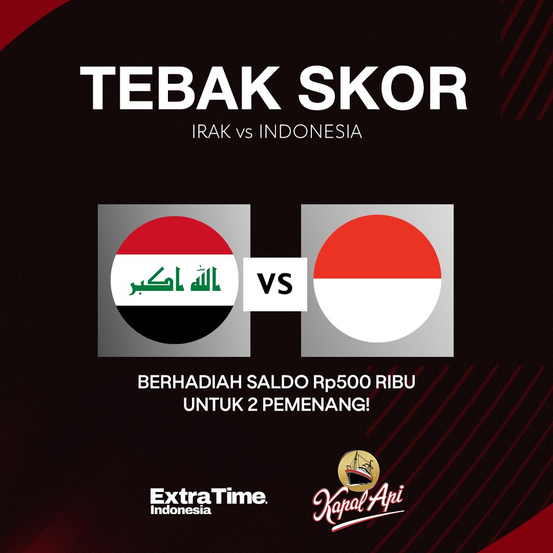 Kuis Tebak Skor! Irak vs Indonesia
Berhadiah Saldo Rp 500.000 untuk 2 orang!

Contoh:
Irak 2-4 Indonesia <a href="/teman1/">Tom Eastman</a> <a href="/teman2/">M.dasril</a> #SecangkirSemangat

Syarat:
* Like dan RT postingan ini
* Mention 2 temanmu
* Wajib follow twitter <a href="/idextratime/">Extra Time Indonesia</a> &amp; <a href="/kapalapi_id/">Waktunya Kapal Api</a>
* Max jawab 3 kali
* Ditutup