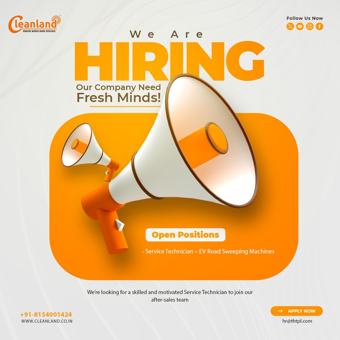 We’re Hiring!
Join our team as a Service Technician (EV – Road Sweeping Machines) and be part of India’s clean and green revolution.
📍 Location: Dabhan, Nadiad (Gujarat)
Apply now at 🌐 cleanland.co.in
✉️ hr@thtpl.com
 #Cleanland #WeAreHiring #EVJobs #CareerOpportunity