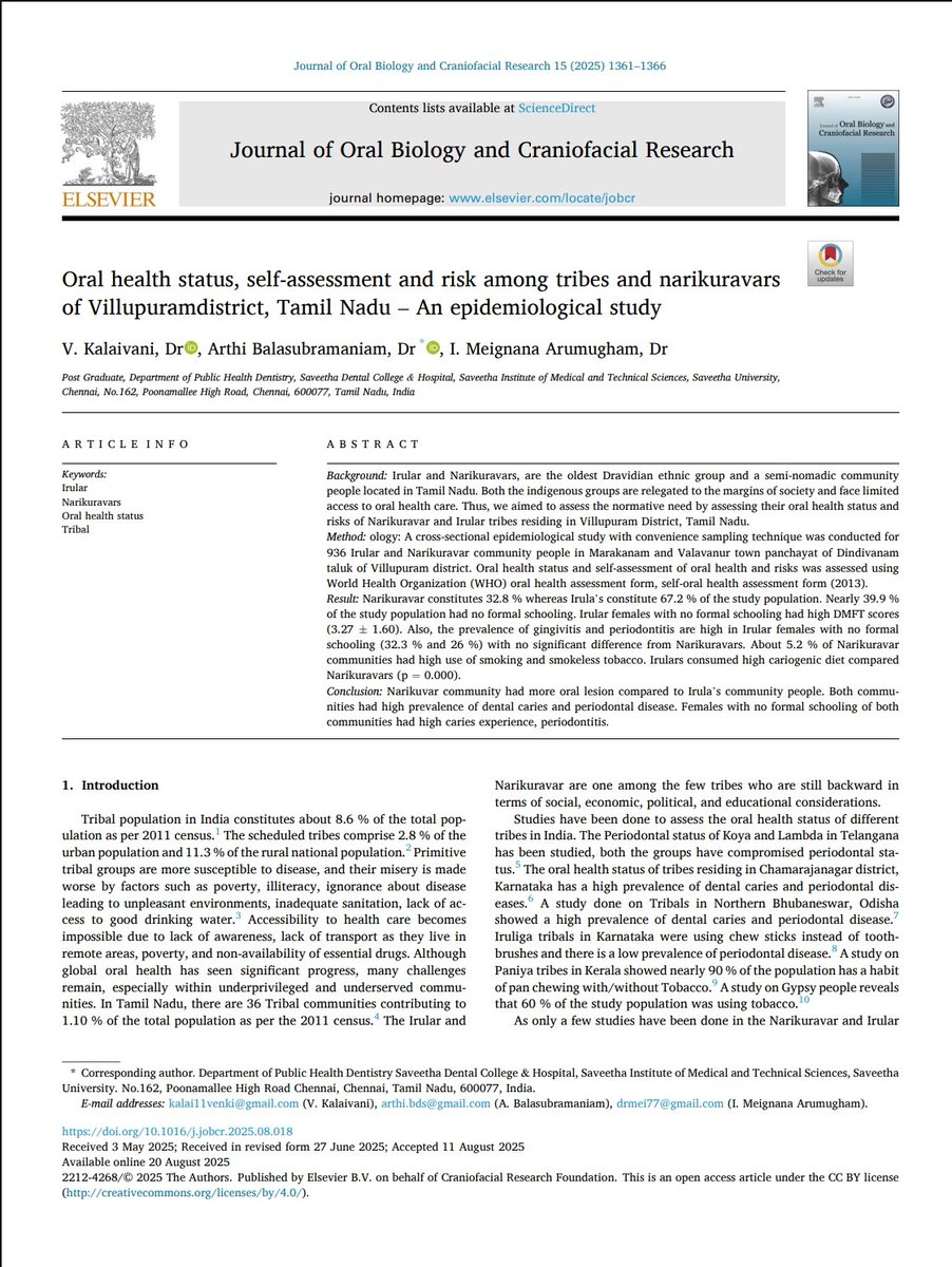 PhdSaveetha's tweet image. Congratulations Dr. Arthi on your recent publication titled &quot;Oral health status, self-assessment and risk among tribes and narikuravars 
of Villupuram district, Tamil Nadu – An epidemiological study&quot; in the journal of Oral Biology and Craniofacial Research.