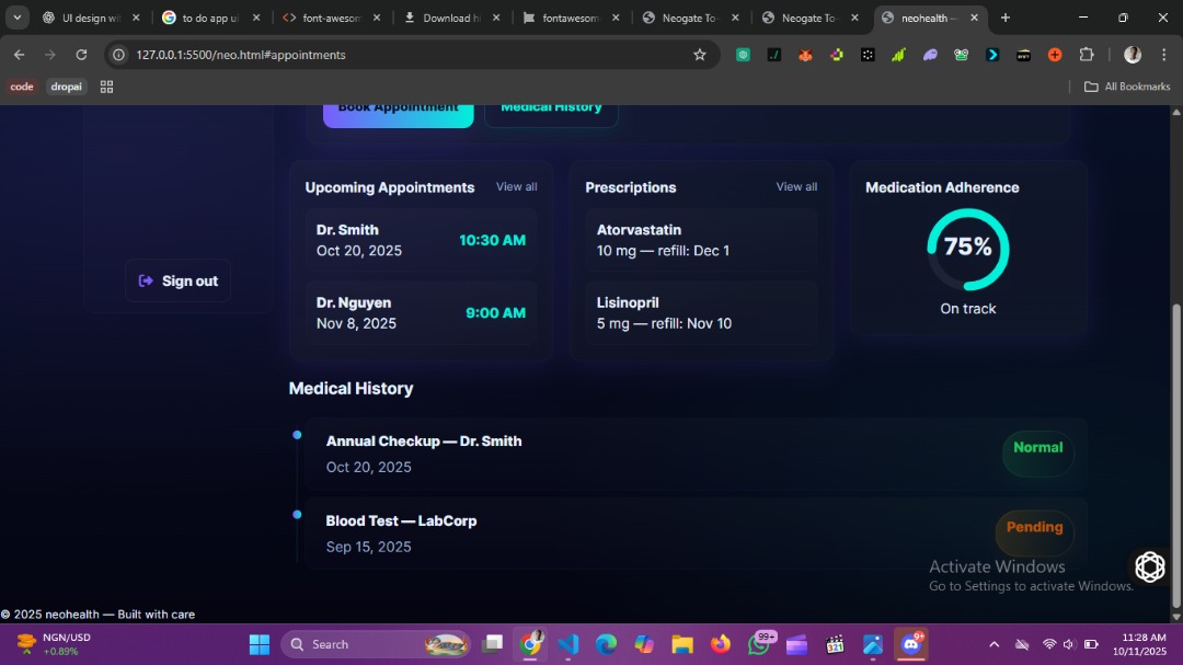 Captainn_blackk's tweet photo. Decided to name my fifth task #neohealth, this is a hospital patient dashboard, that shows different sections like appointments, booking and even history.
5 more to go .
@Joe_brendan_
@itsgodfada https://t.co/vTOqw6Ge8j