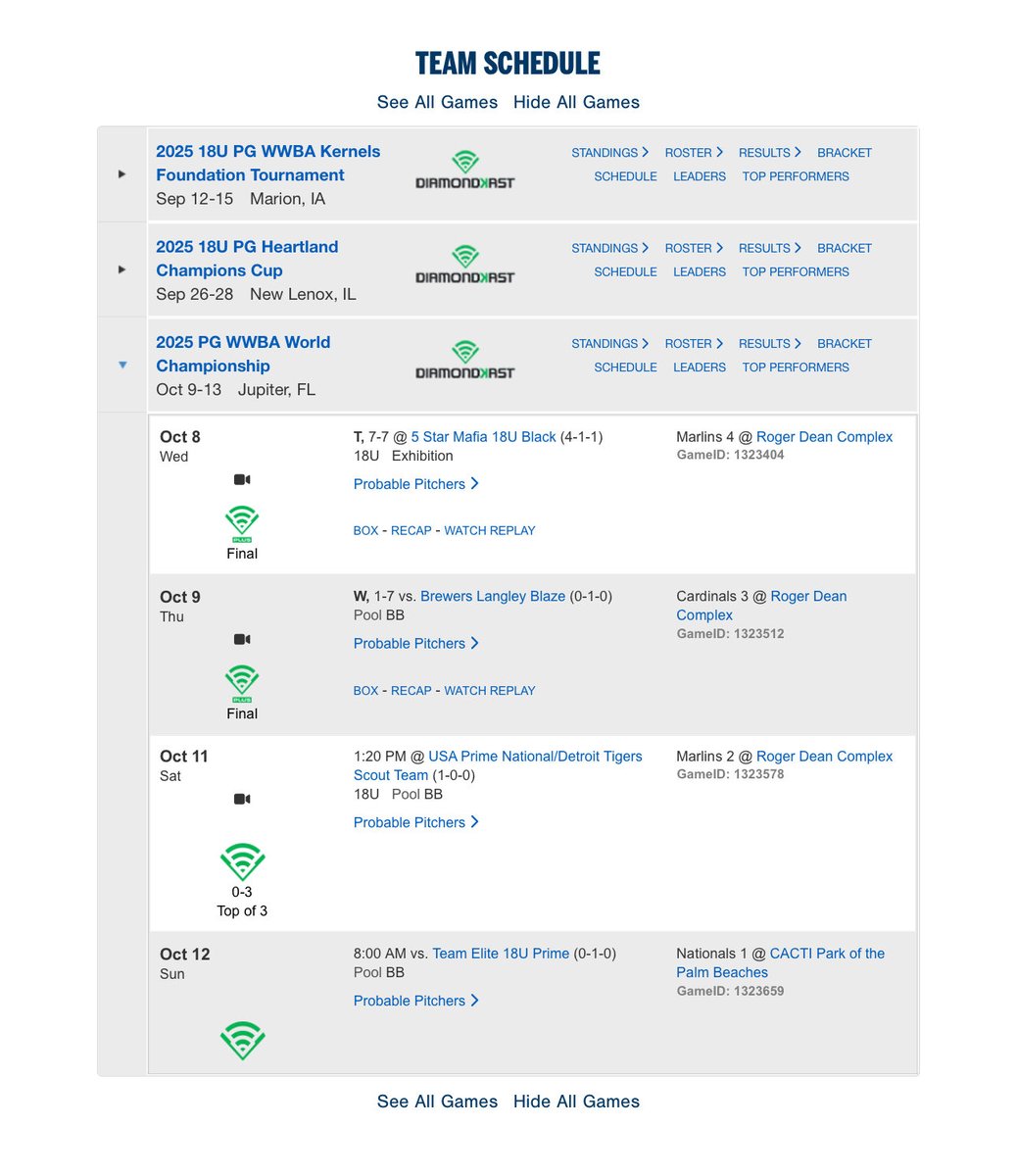 🚨 Schedule Update 🚨
For the <a href="/PG_Tourney/">Perfect Game Tournaments</a> WWBA World Championship 
<a href="/PG_Scouting/">Perfect Game Scout</a>