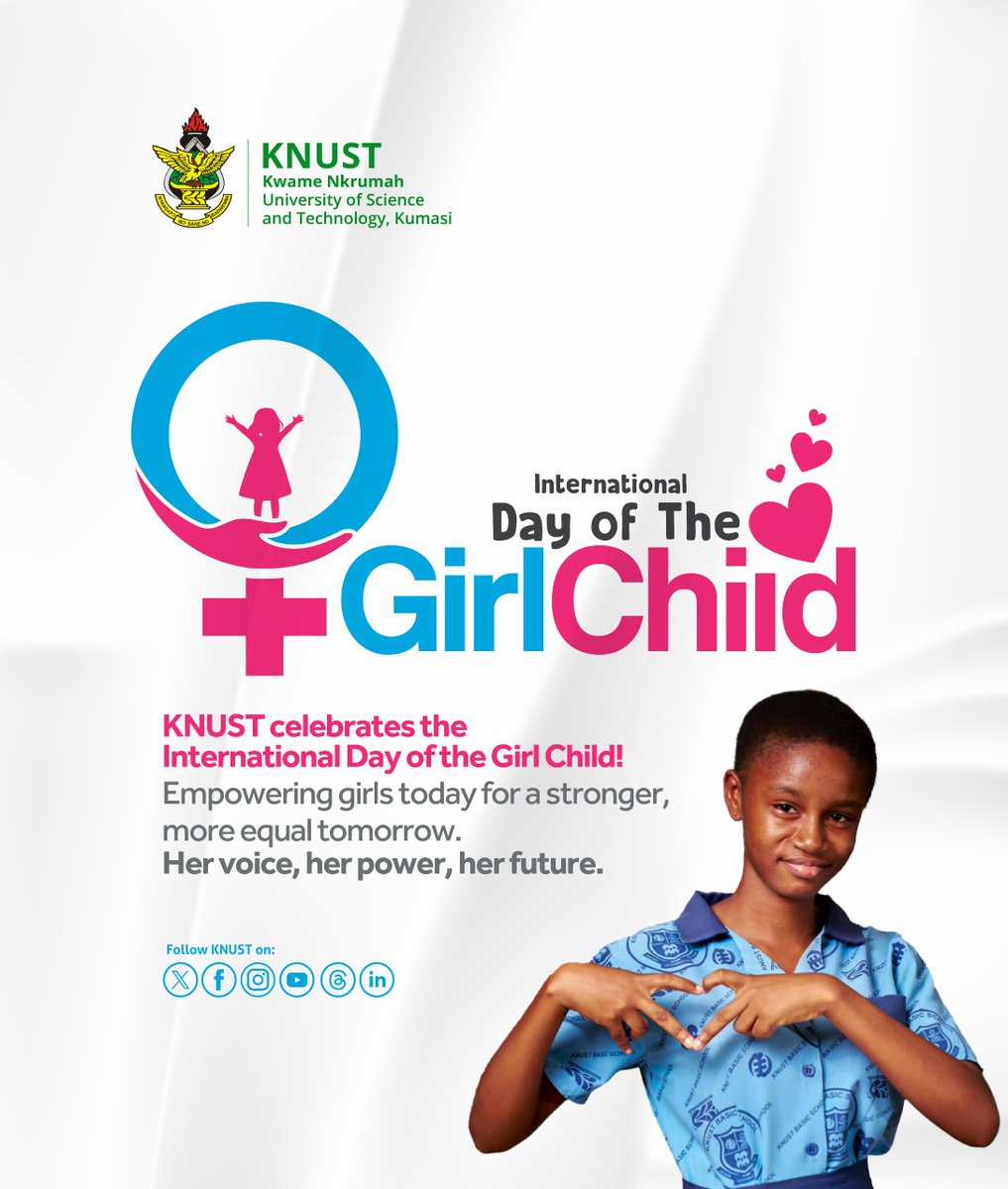 KNUSTGH's tweet image. Today, we celebrate every girl’s potential to lead, innovate, and inspire.
At KNUST, we remain committed to empowering girls through education, mentorship, and opportunity.
#DayOfTheGirl #KNUST