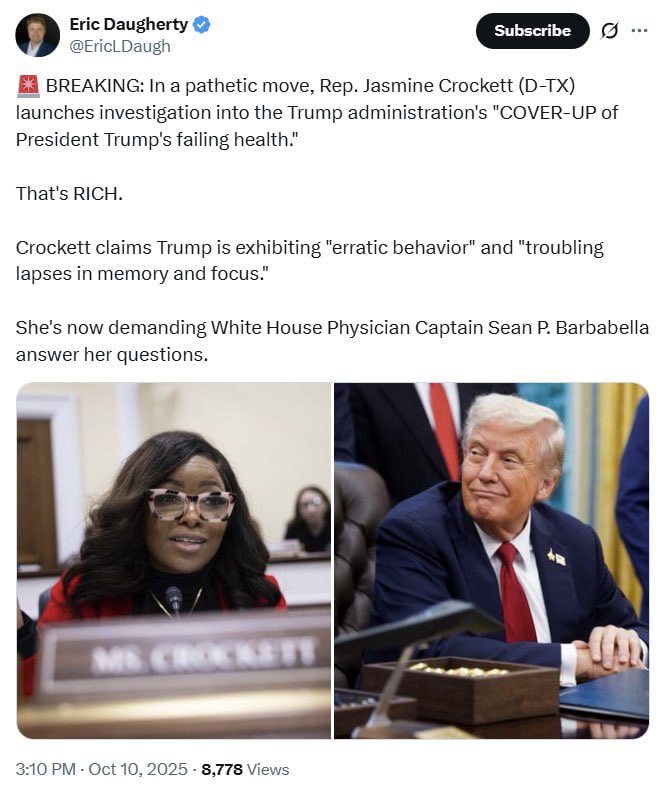 _QINTOTHESTORM_'s tweet image. 🚨 BREAKING: In a pathetic move, Rep. Jasmine Crockett (D-TX) launches investigation into the Trump administration&apos;s &quot;COVER-UP of President Trump&apos;s failing health.&quot;

That&apos;s RICH.