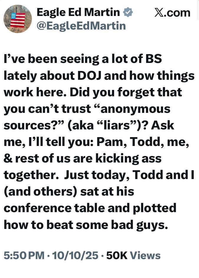_QINTOTHESTORM_'s tweet image. Just today, Todd (Blanche) and I (and others) sat at his conference table and plotted how to beat some bad guys.”

- Ed Martin

🍿🔥