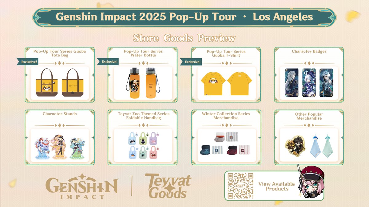 GenshinImpact's tweet image. Our next merch pop-up store of 2025 in the US will be hosted in Los Angeles from October 18 to October 26. 

We&apos;ve prepared fun offline birthday events, along with plenty of free gifts waiting for you!

#GenshinImpact #TeyvatGoods2025