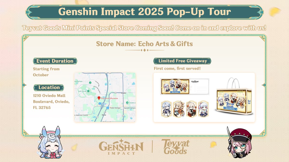 GenshinImpact's tweet image. Our next merch pop-up store of 2025 in the US will be hosted in Los Angeles from October 18 to October 26. 

We&apos;ve prepared fun offline birthday events, along with plenty of free gifts waiting for you!

#GenshinImpact #TeyvatGoods2025