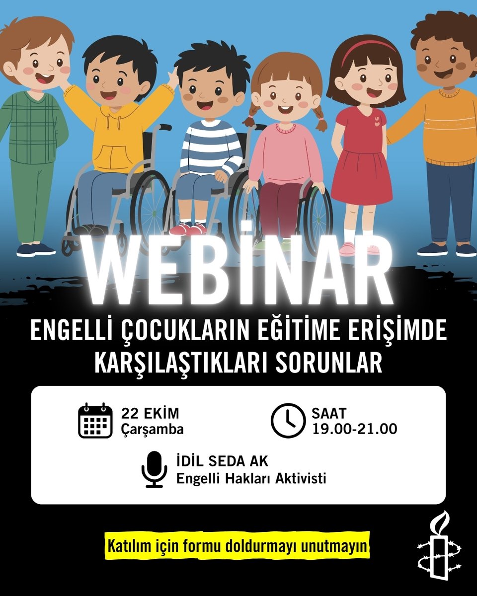 📣 “Engelli Çocukların Eğitime Erişimde Karşılaştıkları Sorunlar” başlıklı seminerimizde bu alandaki farkındalığı artırmayı ve çözüm yollarını birlikte tartışmayı hedefliyoruz.

Bilgi ve başvuru 👉 amn.st/6011AQUI5