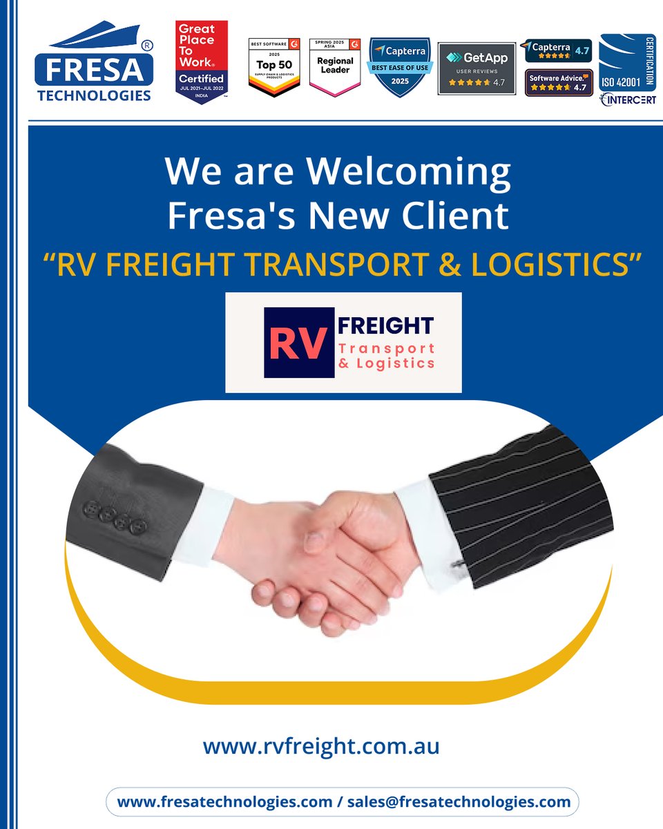 fresatechnology's tweet image. 🎉We are Welcoming Fresa&apos;s New Client🤝🚀
&quot;RV FREIGHT TRANSPORT AND LOGISTICS&quot;

For more queries please visit below link 👇
fresatechnologies.com/about-us/servi…

#Fresa #Freightsolutions #Freightforwarding #Import #FresaGold #ERPSoftware #G2Awards #Client #Onboard #Newclient #rvfreight