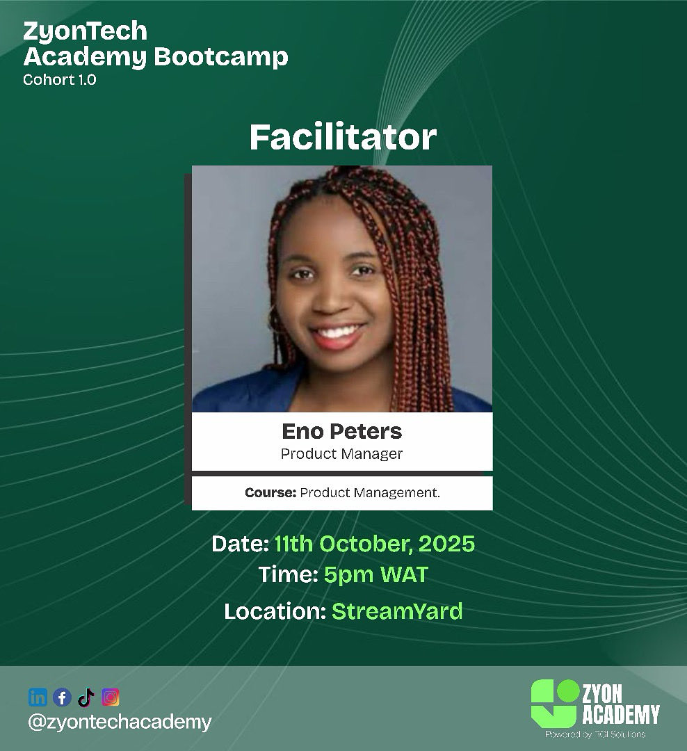 zyontechacademy's tweet image. We’re going live at 5PM WAT!
Today’s Bootcamp session features Eno Peters, sharing key insights on Product Management.
📍StreamYard
#ZyonTechAcademy #ProductManagement #TechBootcamp #ZyonAcademy