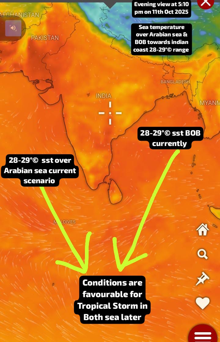Mrityun73751198's tweet image. Evening update at 5:30 pm on 11th Oct 2025

A Tropical Cyclone Shakti, renmants present as a lpa over Arabian sea from last 15 days of span, SST over were the system 21°© sst right now 

Favourable conditions over BOB &amp;amp; Arabian sea, sst 28°© to form storm later
#Monsoon2025 
#a