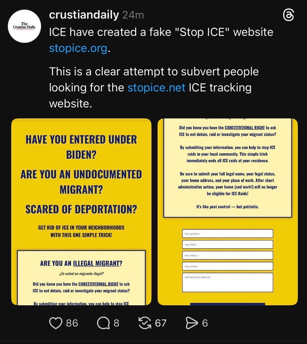TommasinaResist's tweet image. Heads-up. Share this everywhere. ICE has created a fake &quot;Stop Ice&quot; app. They&apos;re trying to ensnare people to enter their information, so they can go after them.
Do NOT use stopice./org. 
#USDemocracy #Voices4Victory