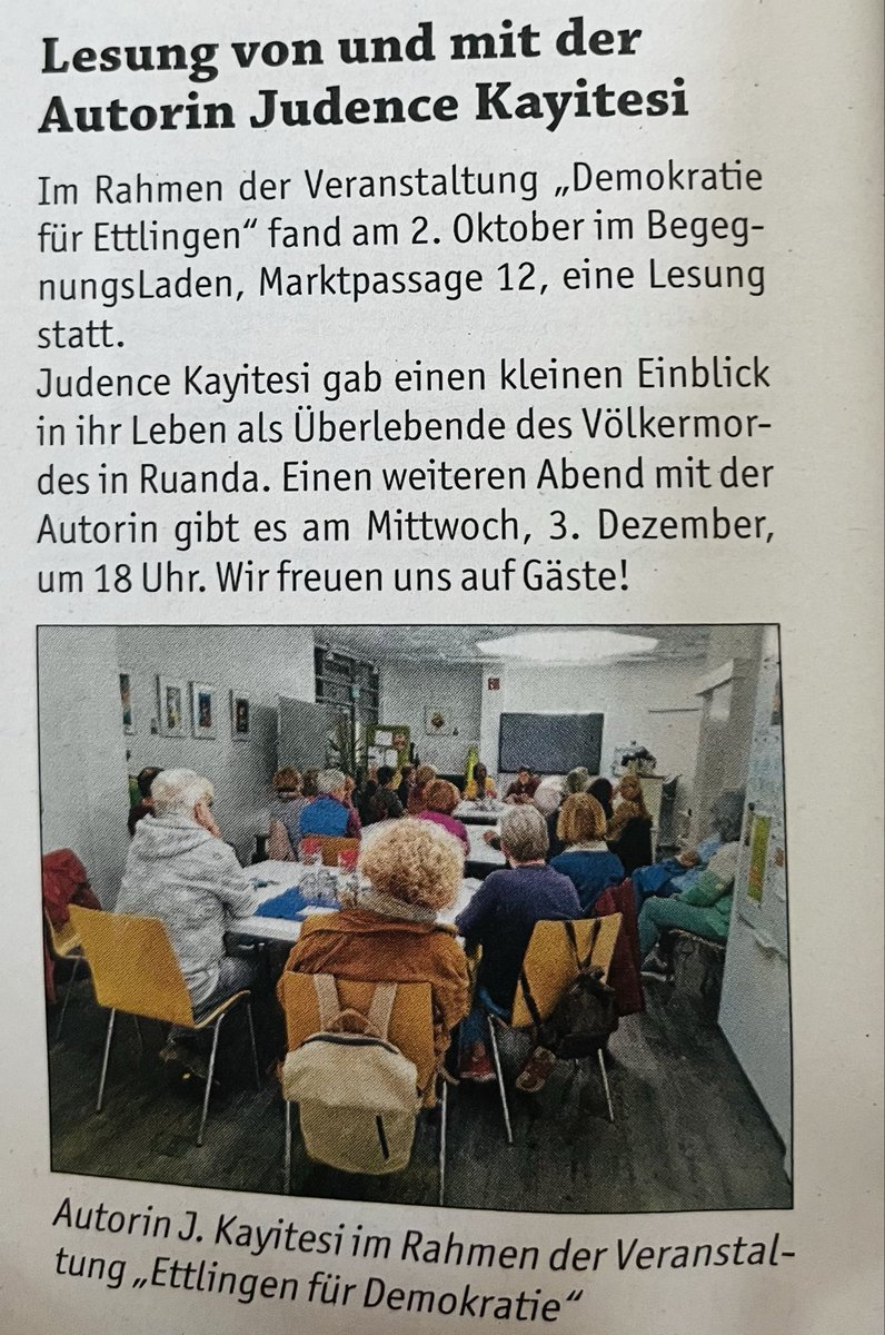 JudenceK's tweet image. Stories have the power to connect hearts and build understanding. 💬
During my reading in Ettlingen, I shared pieces of my story as a survivor — a reminder that democracy, peace, and humanity begin with empathy.

I’m looking forward to meeting you again on December 3rd at 6 p.m.…