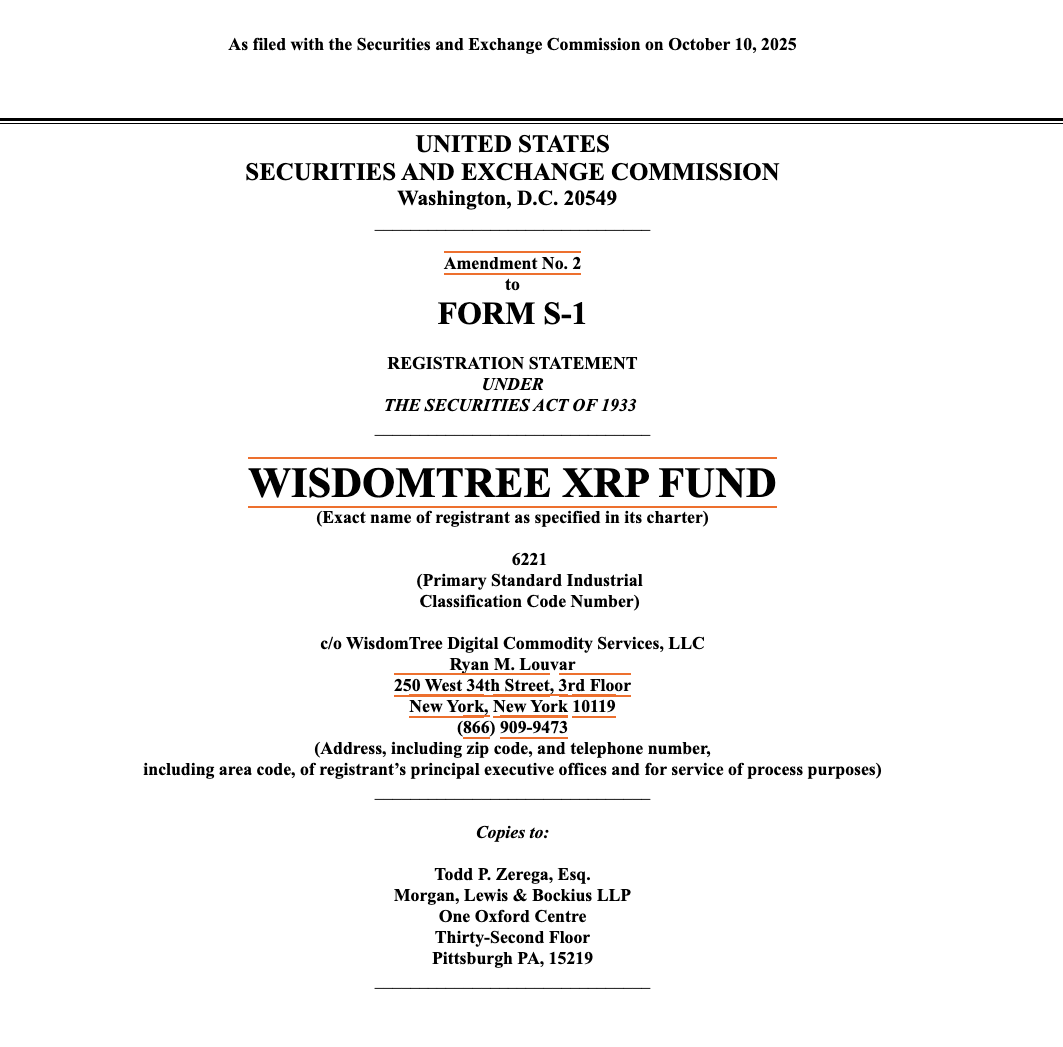RippleXity's tweet image. 🚨 JUST IN: WisdomTree Files Amendment No. 2 for “WISDOMTREE $XRP FUND” with the SEC.