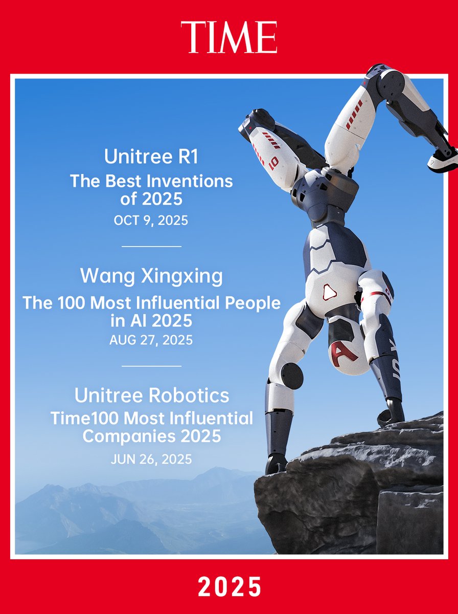 XRoboHub's tweet image. Unitree Robotics just had a huge moment: Their R1 humanoid robot was named one of TIME’s Best Inventions of 2025. Not stopping there, Unitree founder Wang Xingxing also made the list for The 100 Most Influential People in AI 2025, and the company itself was recognized as one of…