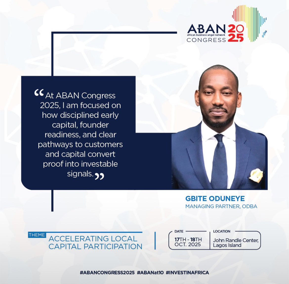odbavc's tweet image. Next week, Lagos becomes the capital of African investing.
Our GP @GOduneye joins innovators, policymakers, & investors at the #ABANCongress2025, marking 10 years of ABAN’s impact.
Are you ready to #InvestInAfrica with us?
🔗 lnkd.in/dAteAmZ8
#Angelinvesting #VC #Lagos