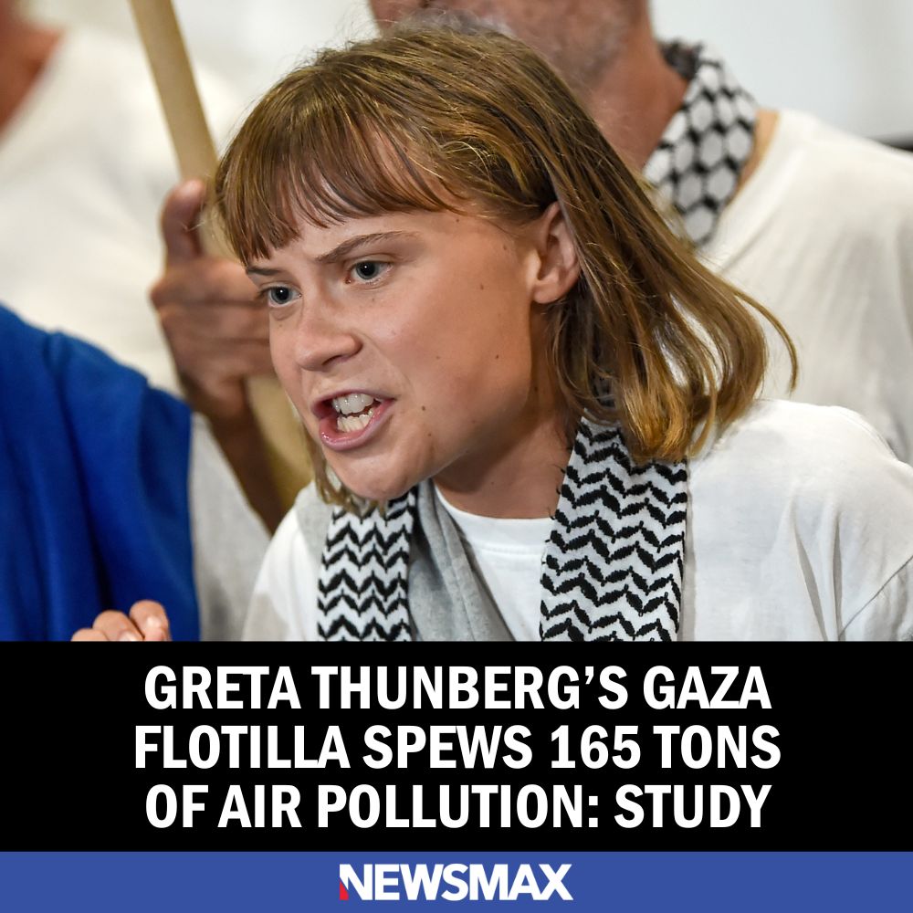 NEWSMAX's tweet image. Greta Thunberg&apos;s Gaza-bound flotilla belched more pollution than 200 airplane trips between Israel and the U.K., according to a new analysis. MORE: bit.ly/3IYDJlM