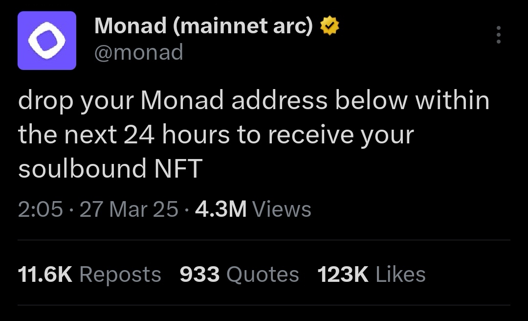 MallyBhullar's tweet image. On March 27, If you drop your @monad wallet address on this twitte within 24 hour and receive 1 million nads SBT, then you are &apos;OK&apos; on October 14.