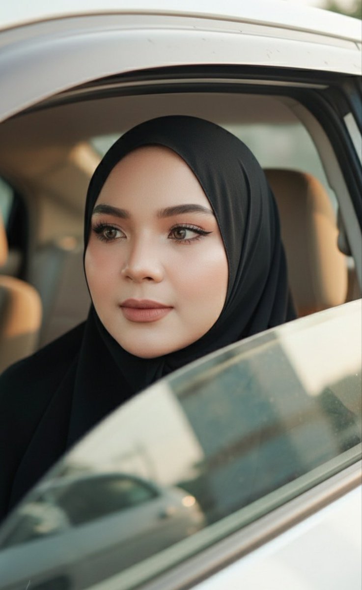 zhangrunan05's tweet image. Golden hour glow reflecting in the car window, hijab framing a moment of reflection. ✨ On the road to new adventures. #hijabfashion #goldenhour #modeststyle #dreambig