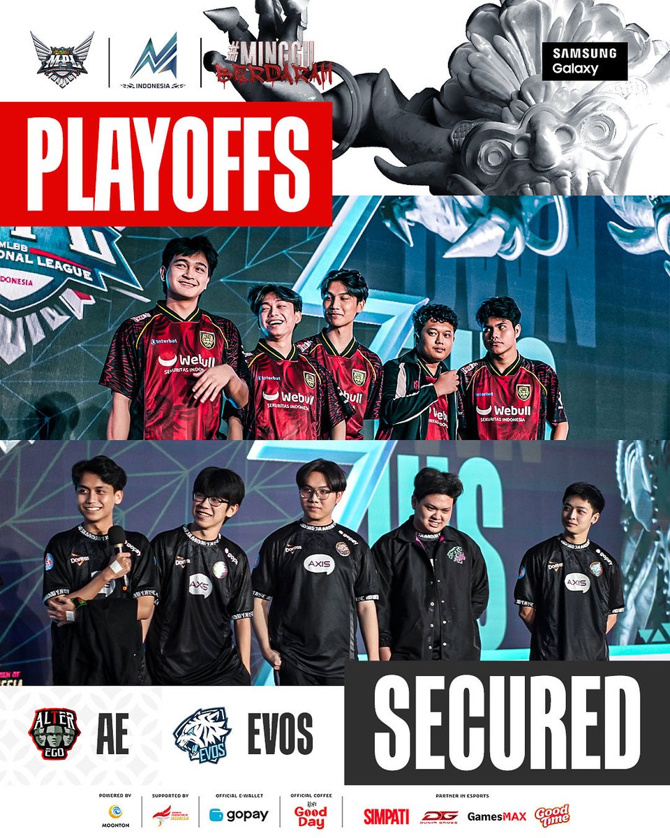 mplidofficial's tweet image. Atas hasil match berdarah AE yang berhasil menang 2-0 atas RRQ, sudah bisa dipastikan mereka mendapatkan tiket ke playoffs. Begitu juga dengan EVOS, congrats and see you di NICE PIK 2

#AE #EVOS #WeOwnThis #MPLIDS16 #PostMatch #NarasiMPL #MPLOnStage #NiceGame