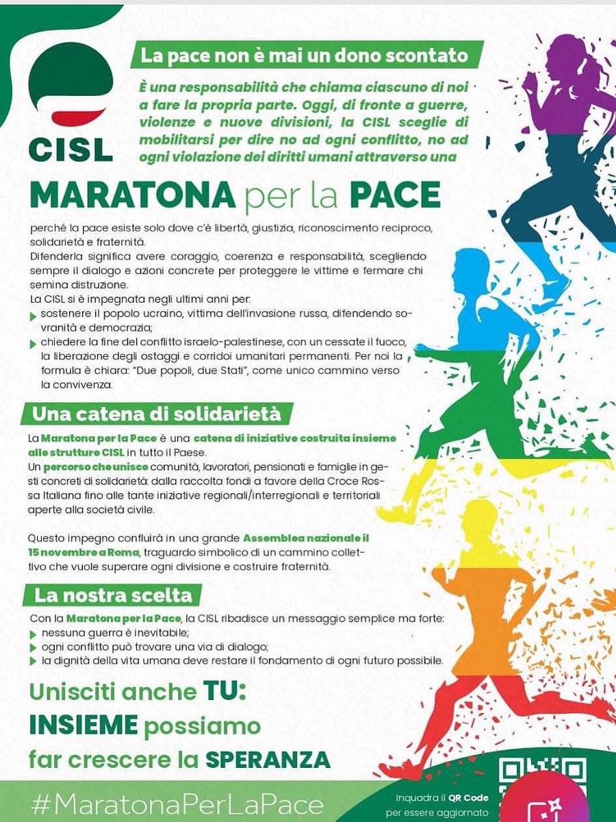 AnolfNazionale's tweet photo. 🟢L'ANOLF, Associazione di diverse etnie e culture, espressione del mondo dell'immigrazione, annuncia la sua piena e convinta adesione alla "🌈MARATONA PER LA PACE" promossa dalla #CISL.
🤝Unisciti anche tu: insieme possiamo far crescere la speranza. https://t.co/RVEhZFK1Tx