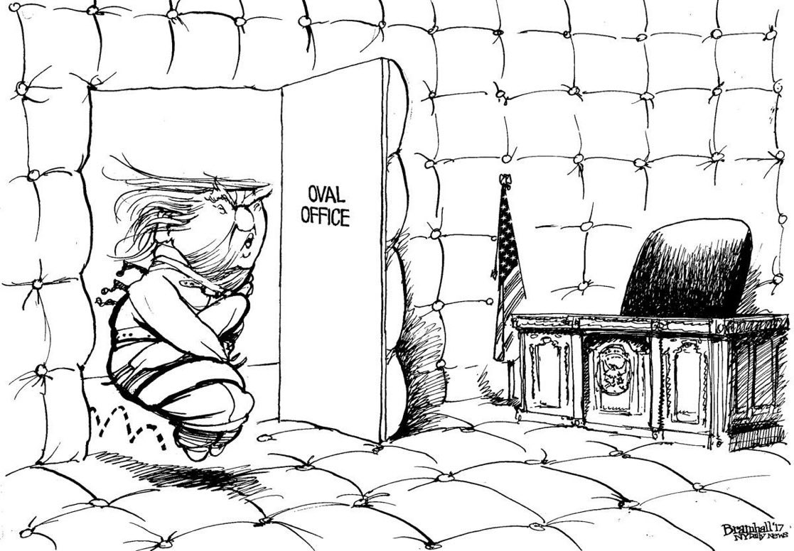 Here’s an idea: build a fake Oval Office in a psych ward. Put Trump in there, tell him he’s president for life. He can doodle on hurricane maps, press his Diet Coke button, hold rallies for the cleaning staff, award himself a Peace Prize &amp; impose tariffs on vending machine stuff.