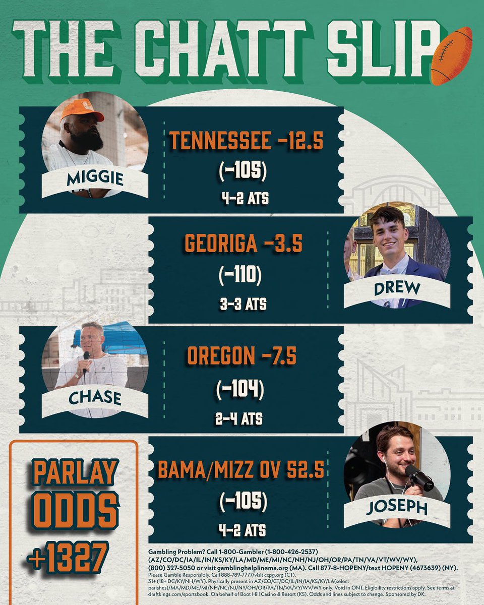 The weekend money train is pulling in. 🚨💰

Four picks. Four shots to cash in. 

Whether you ride them solo or stack them up in a parlay, this slate’s got juice. Some might sleep on Week 7… we’re wide awake. 👀🔥

Introducing your official “Chatt Slip” for Week Seven. Let’s