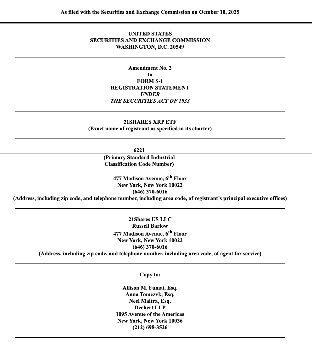 RippleXity's tweet image. 🚨 JUST IN: 21Shares has filed Amendment No. 2 for its “21SHARES $XRP ETF” with the U.S. SEC.