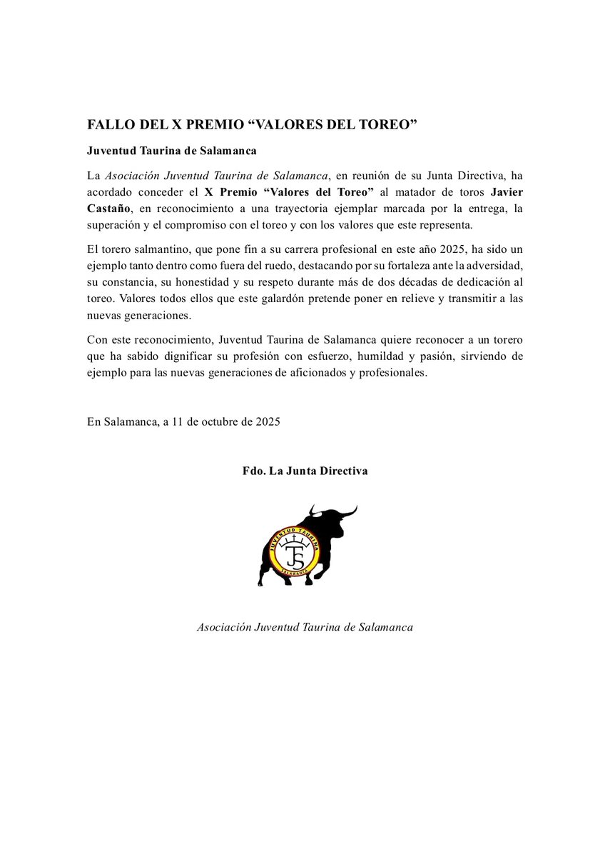 🏅 X Premio "Valores del Toreo"

Hoy anunciamos que nuestro galardón ha sido concedido al matador de toros salmantino Javier Castaño, en reconocimiento a su ejemplar trayectoria y los valores que ha transmitido dentro y fuera del ruedo.

#SOMOSJTS